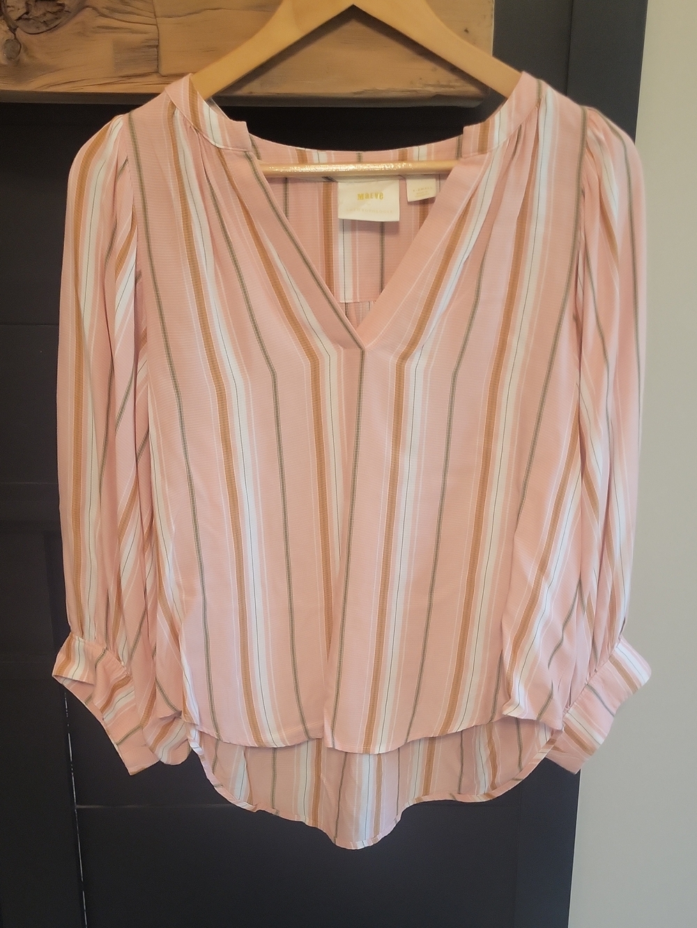 Maeve Peach and White Striped V-Neck Blouse